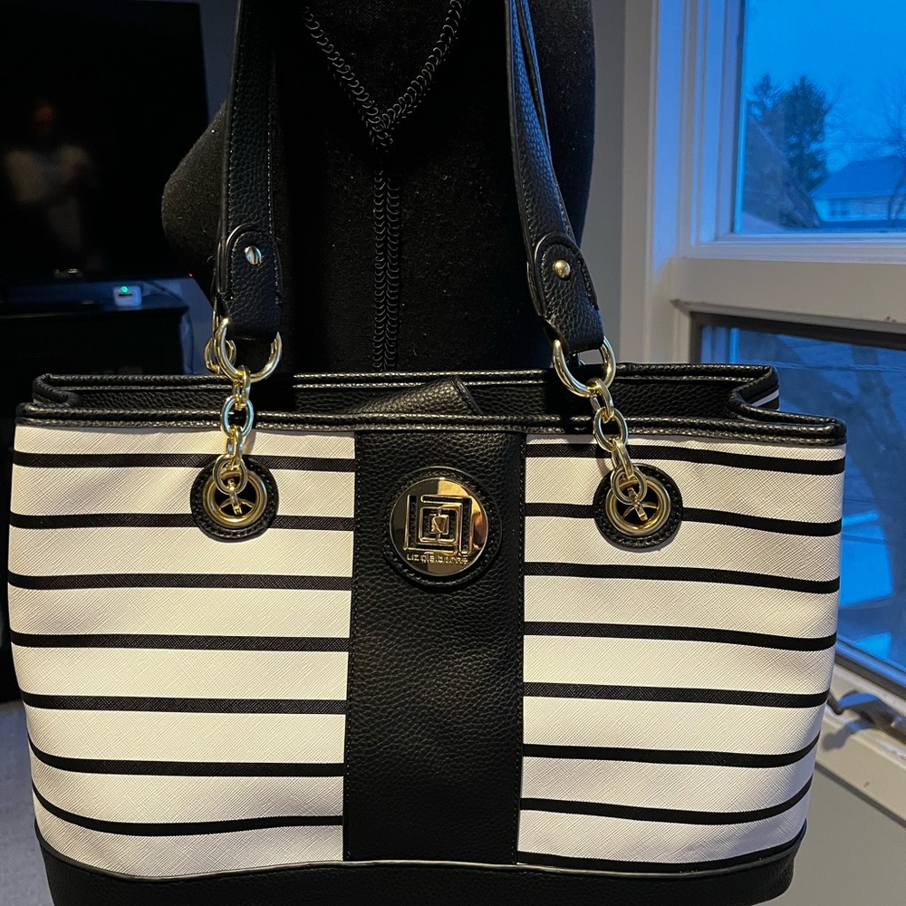 Liz Claiborne Black and White Stripe Tote with Gold Accents